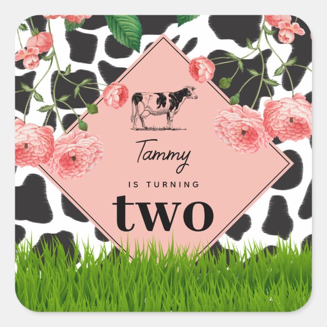 Black & White Cow Farm Animal Birthday Party Pink Square Sticker (Front)