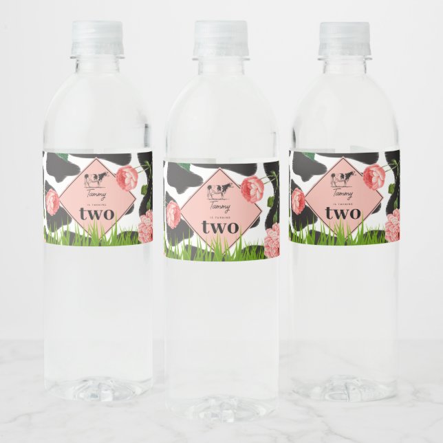 Black & White Cow Farm Animal Birthday Party Pink Water Bottle Label (Bottles)