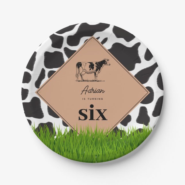 Black & White Cow Farm Animal Birthday Party Theme Paper Plate (Front)