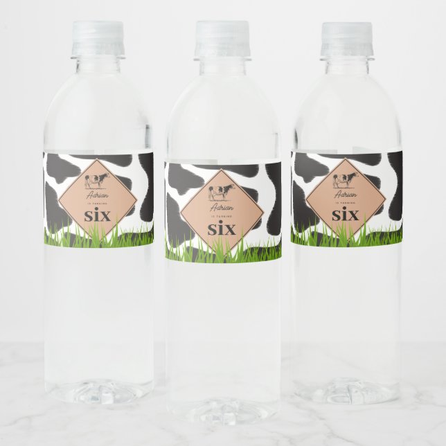 Black & White Cow Farm Animal Birthday Party Theme Water Bottle Label (Bottles)