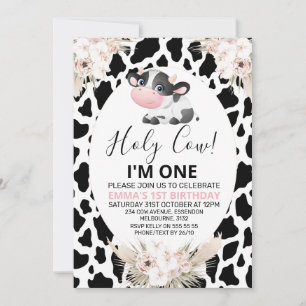 Black White Cow Print Holy Cow Birthday Invitation