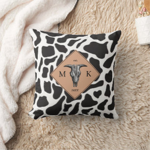 Black & White Cow Spot Animal Pattern Monogram Cushion