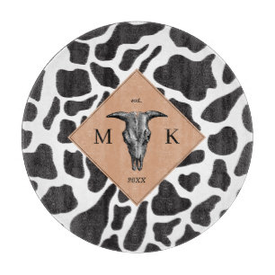 Black & White Cow Spot Animal Pattern Monogram Cutting Board