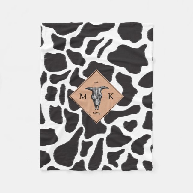Black & White Cow Spot Animal Pattern Monogram Fleece Blanket (Front)