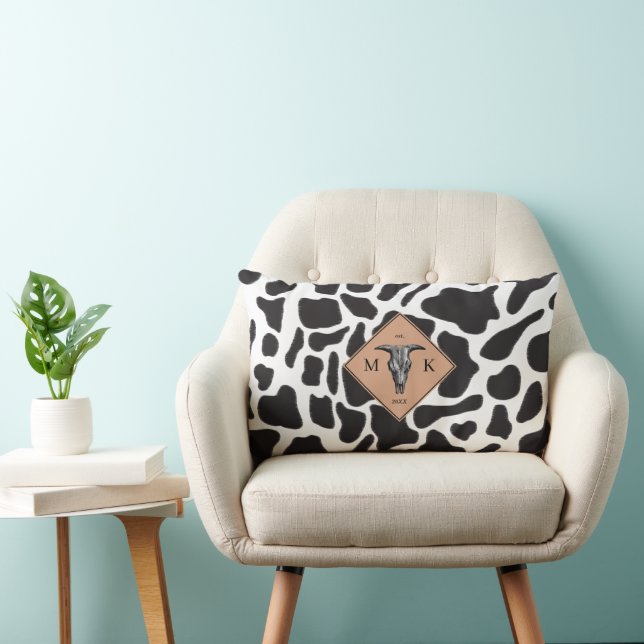 Black & White Cow Spot Animal Pattern Monogram Lumbar Cushion (Chair)
