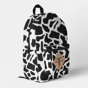 Black & White Cow Spot Animal Pattern Monogram Printed Backpack