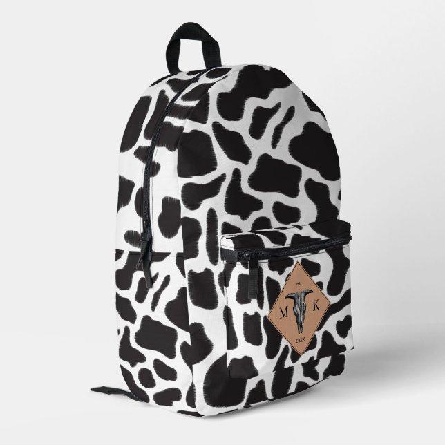 Black & White Cow Spot Animal Pattern Monogram Printed Backpack (Back Corner Left)
