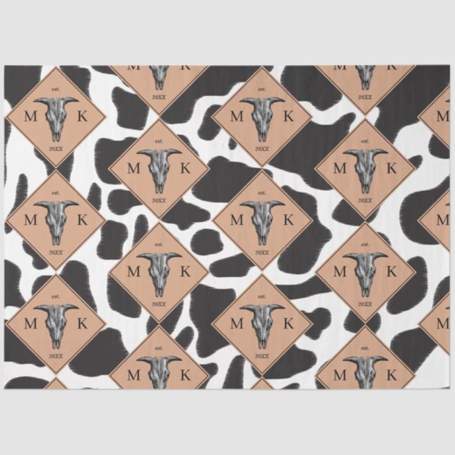Black & White Cow Spot Animal Pattern Monogram Tissue Paper (Front)