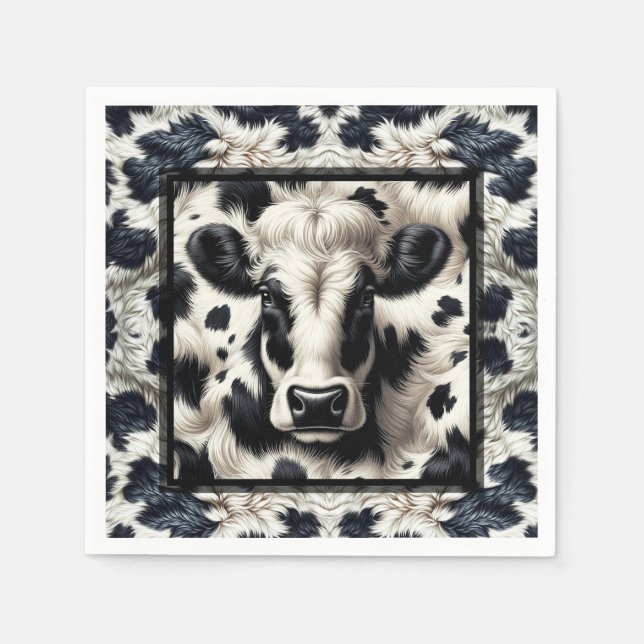 Black & White Cow Spots Furry Cowhide Birthday Napkin (Front)