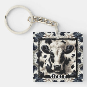 Black & White Cow Spots Furry Look Key Ring