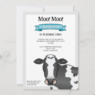 Black & White Cow With Blue Barnyard Farm Birthday Invitation