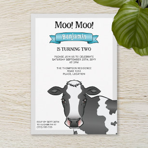 Black & White Cow With Blue Barnyard Farm Birthday Invitation