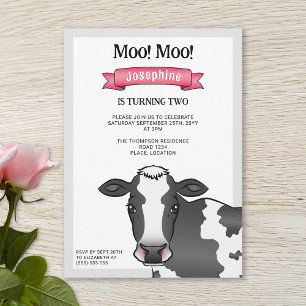 Black & White Cow With Pink Barnyard Farm Birthday Invitation