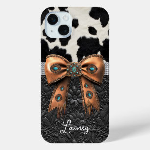 Black White Cowhide Leather Jewelled Bow iPhone 15 Mini Case
