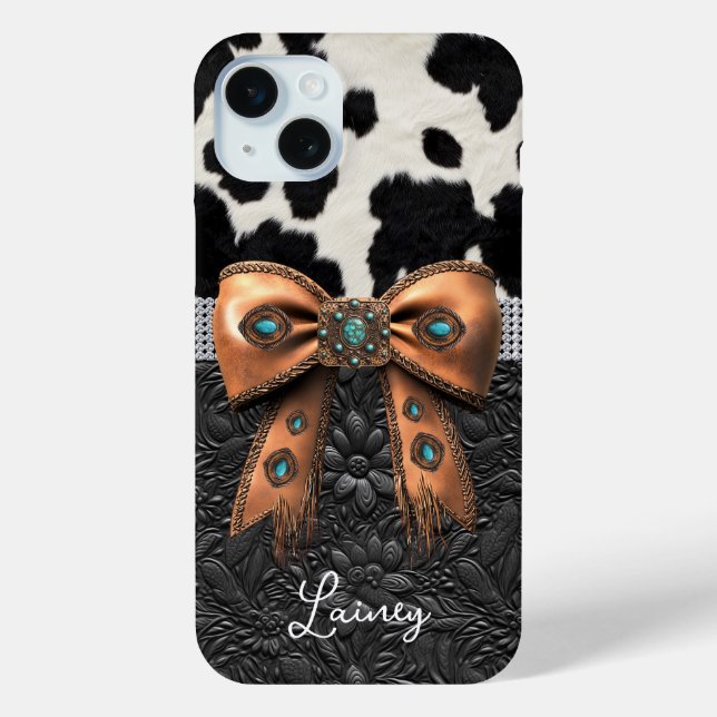 Black White Cowhide Leather Jewelled Bow Case-Mate iPhone Case (Back)