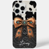 Black White Cowhide Leather Jewelled Bow