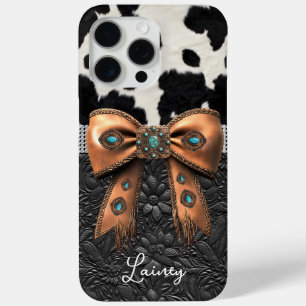 Black White Cowhide Leather Jewelled Bow iPhone 15 Pro Max Case