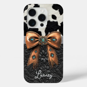 Black White Cowhide Leather Jewelled Bow iPhone 15 Pro Case