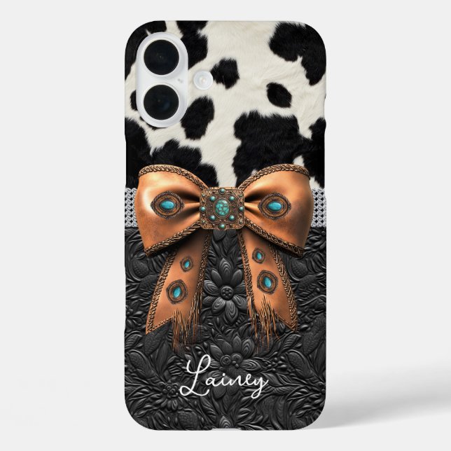 Black White Cowhide Leather Jewelled Bow Case-Mate iPhone Case (Back)