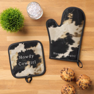 Black White Cowhide Oven Mitt & Pot Holder Set