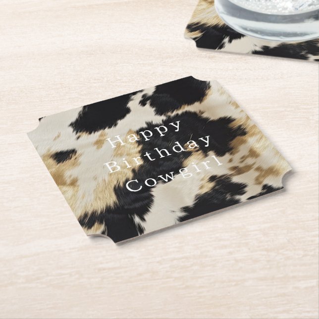 Black White Cowhide Paper Coaster (Angled)