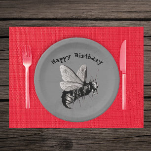 Black White Creepy Gothic Bee Skull wings Grey Paper Plate