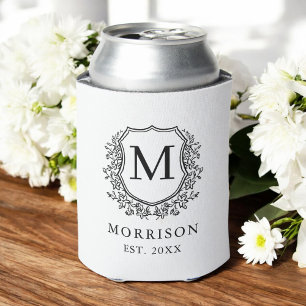 Black White Crest Modern Monogram Wedding  Can Cooler