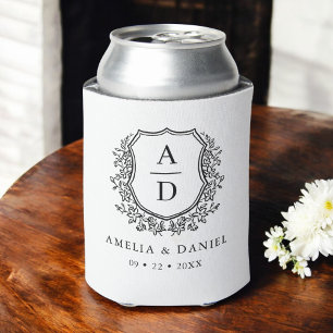 Black White Crest Modern Monogram Wedding Can Cooler