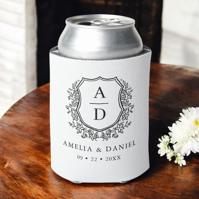 Black White Crest Modern Monogram Wedding  Can Cooler (Creator Uploaded)