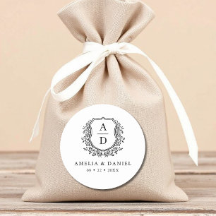 Black White Crest Modern Monogram Wedding  Classic Round Sticker