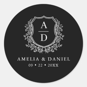 Black White Crest Modern Monogram Wedding Classic Round Sticker