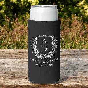 Black White Crest Modern Monogram Wedding  Seltzer Can Cooler