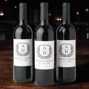 Black White Crest Modern Monogram Wedding  Wine Label