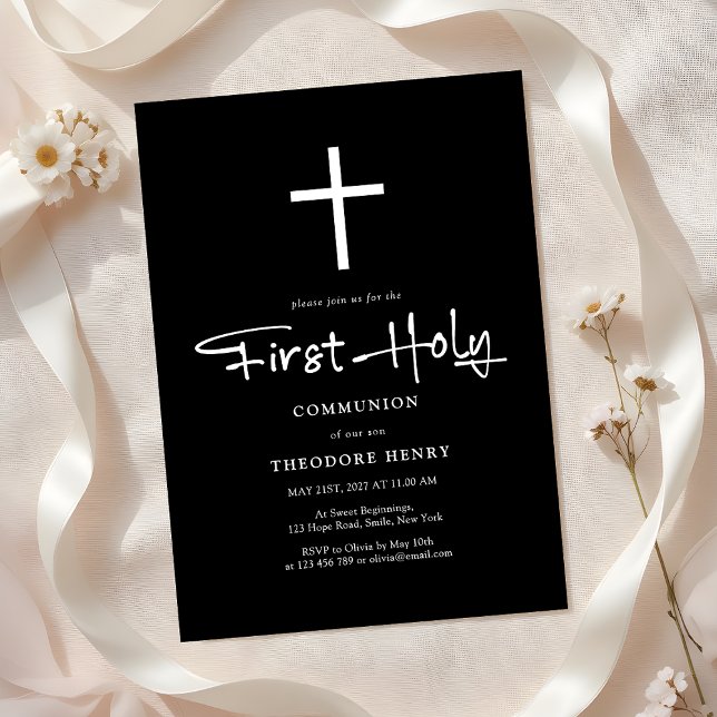 Black & White Cross Boys First Communion Invitation (Creator Uploaded)