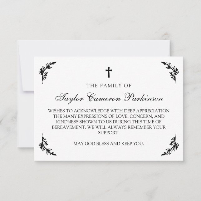 Black White Cross Greenery Bereavement Thank You (Front)