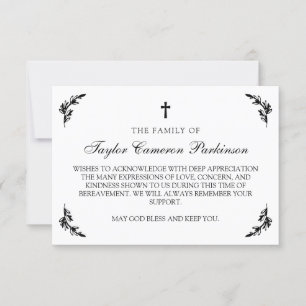 Black White Cross Greenery Bereavement Thank You Card