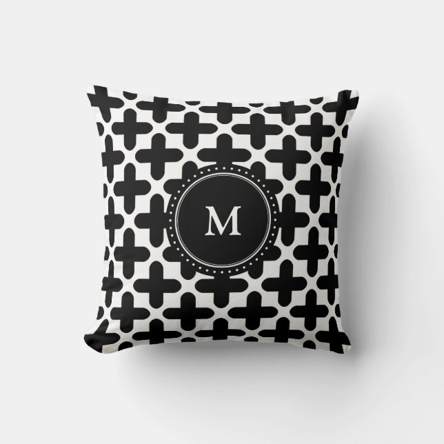 Black White Crosses Pattern Monogrammed Pillow (Front)