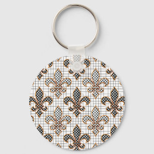 Black White Crosshatch Polka Dots Fleur-de-lis Key Ring
