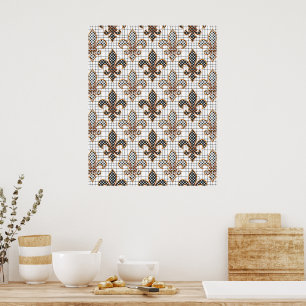 Black White Crosshatch Polka Dots Fleur-de-lis  Poster