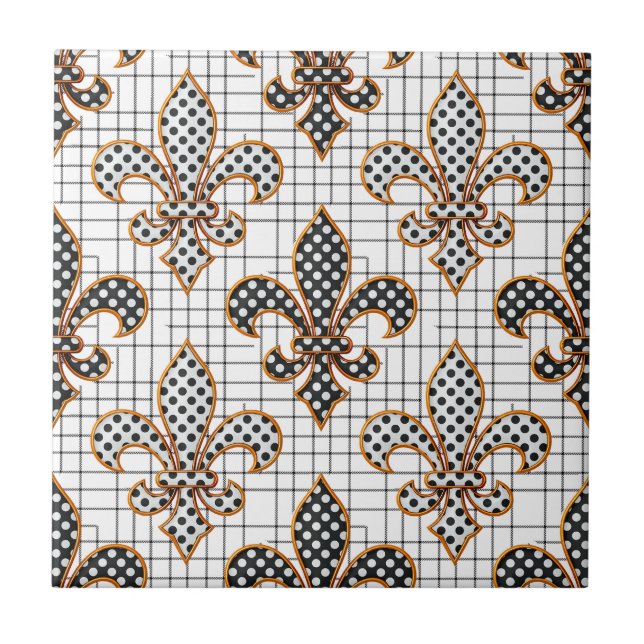 Black White Crosshatch Polka Dots Fleur-de-lis  Tile (Front)