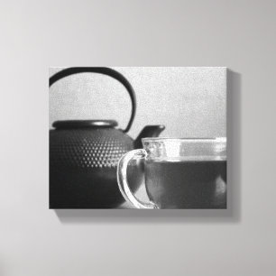 Black & White Cup of Tea with Tea Kettle 8x10 Canvas Print