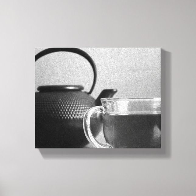 Black & White Cup of Tea with Tea Kettle 8x10 Canvas Print (Front)