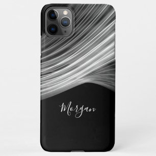 Black & White Curved Light Rays, White Script Name iPhone 11Pro Max Case