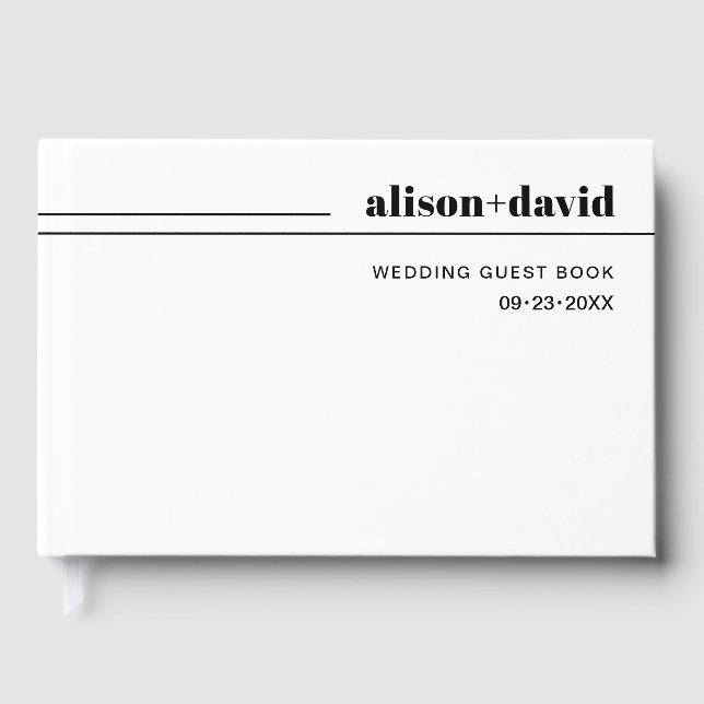 Black, white curved lines and  typography wedding guest book (Front)