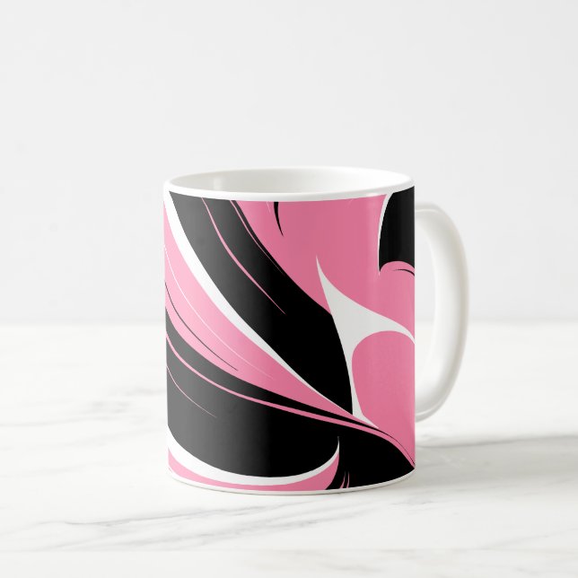 Black & White Curved Streaks on a Pink Background Coffee Mug (Front Right)