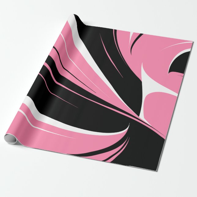 Black & White Curved Streaks on a Pink Background Wrapping Paper (Unrolled)