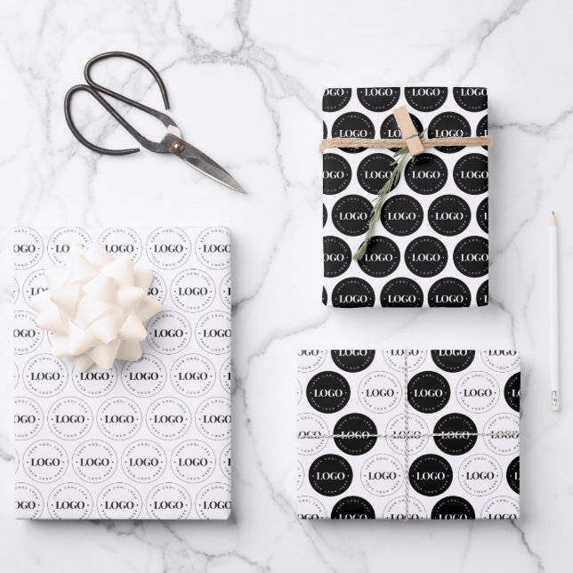 Black White Custom Business Logo Pattern Repeating Wrapping Paper Sheet (Front)