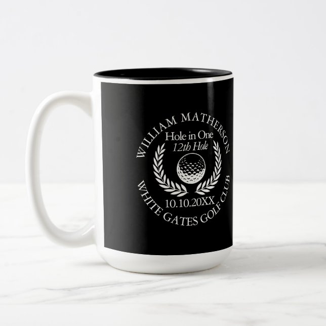 Black White Custom Hole in One Golf Ball Wreath Two-Tone Coffee Mug (Left)