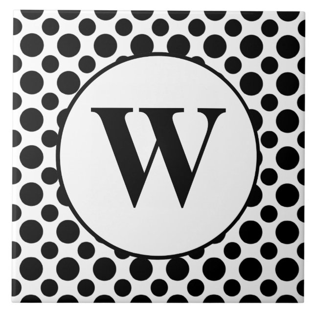 Black White Custom Initial Polka Dot Tile (Front)