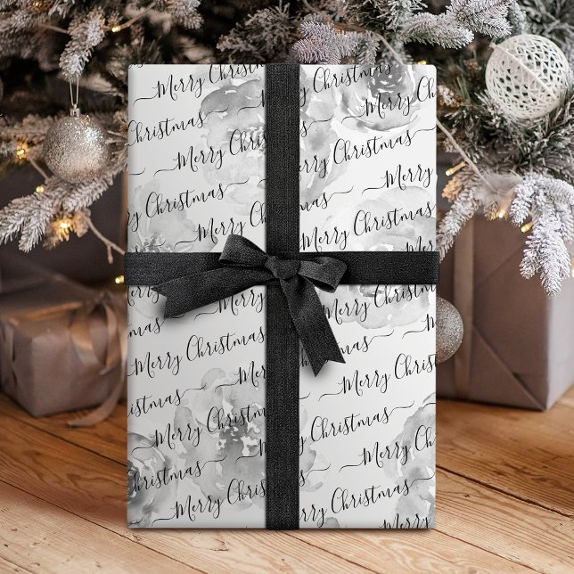 Black White Custom Merry Christmas Script Floral  Wrapping Paper (Black White Custom Merry Christmas Script Floral Wrapping Paper)